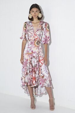 Alexis Rozella Tie-Dye Midi Dress Womens Small S Pink Orange Wrap High-Low NWT
